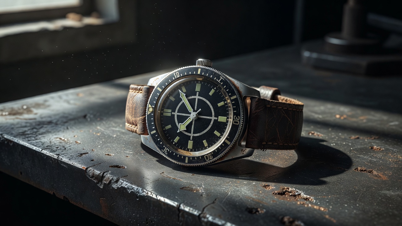 Render of an aged diving wristwatch with a crosshair symbol placed on a dark steel bench