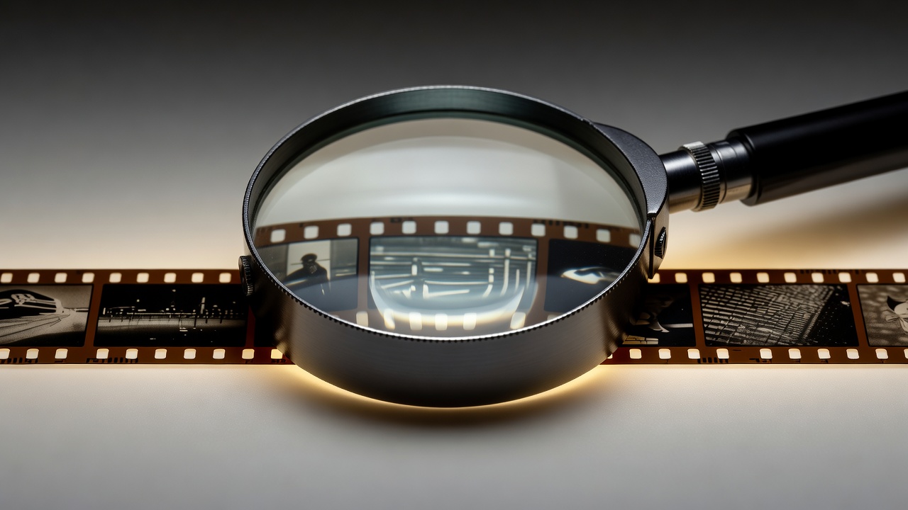 Render of an optical magnifying loupe resting over an illuminated 35mm film frame strip