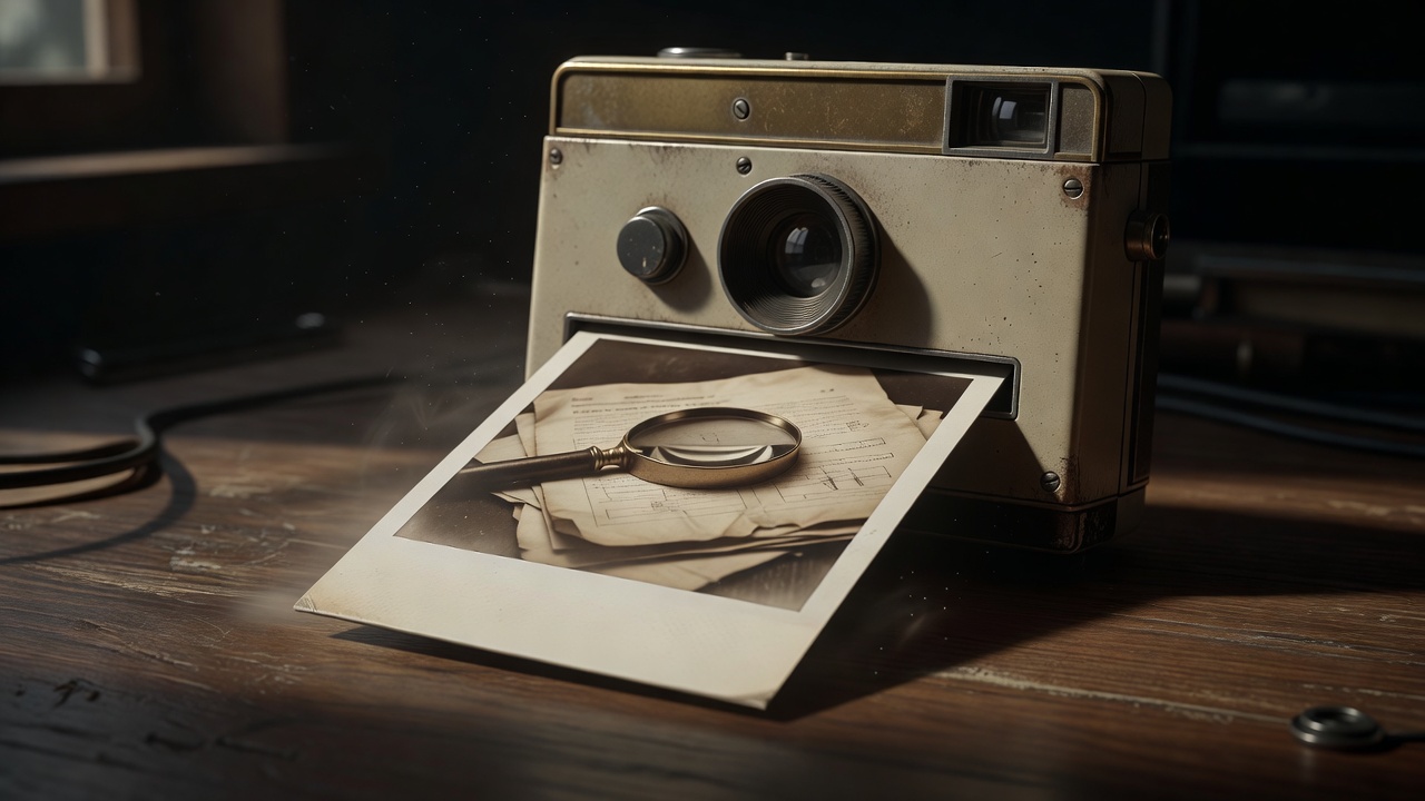 Render of an old vintage instant camera emitting a fading monochromatic photograph