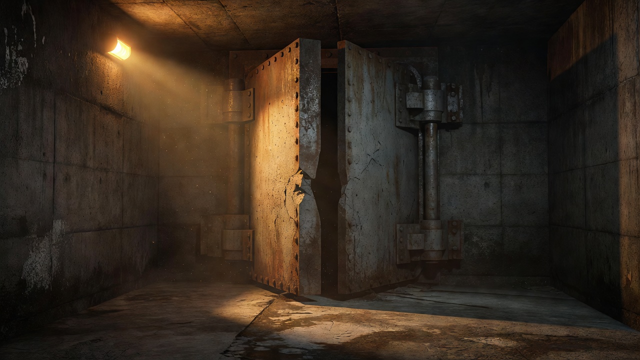 Render of a thick subterranean vault door cracked open under harsh amber illumination