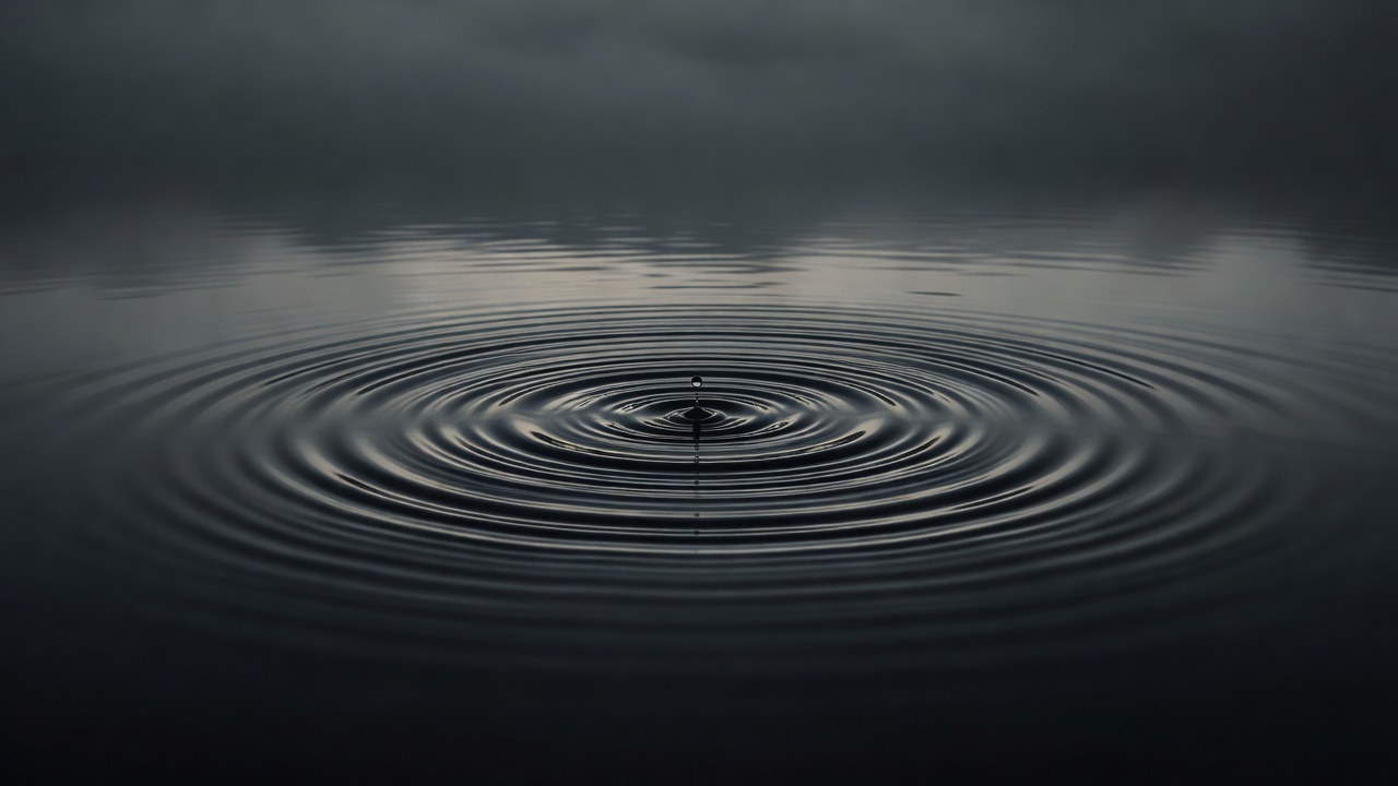 Render of calm water surface disturbed by sharp expanding concentric ripples under charcoal sky